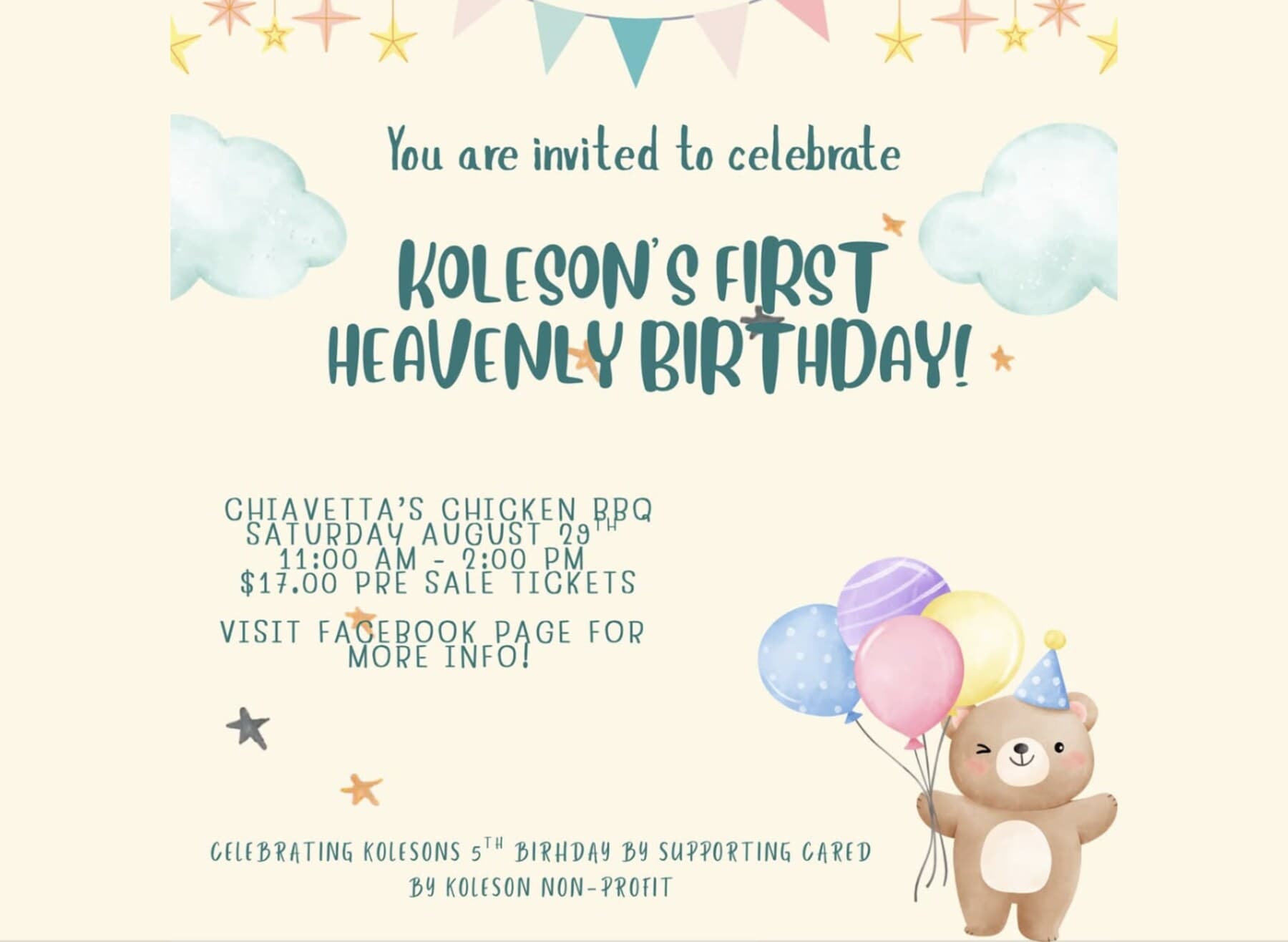 You are invited to celebrate Koleson's First Heavenly Birthday — Chiavetta's Chicken BBQ, Saturday August 29, 11:00 AM to 2:00 PM, $17 presale tickets.